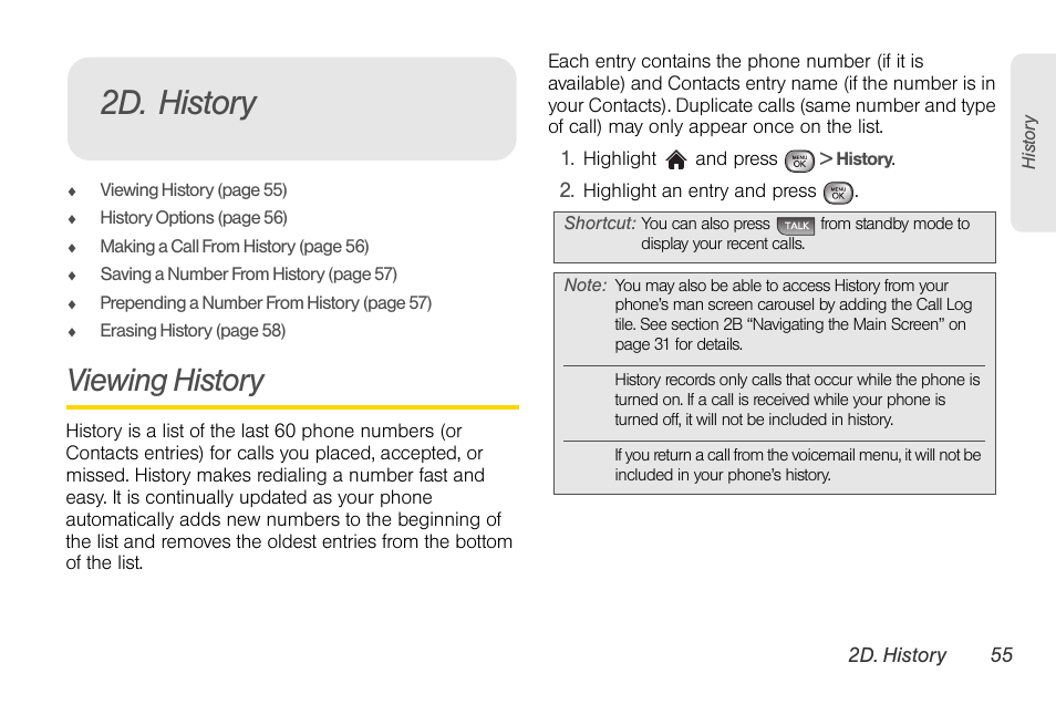 2d. history, Viewing history | LG LGLX610 User Manual | Page 67 / 164