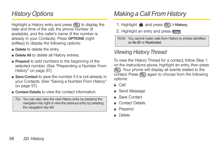 History options, Making a call from history, Viewing history thread | LG LGLX610 User Manual | Page 68 / 164