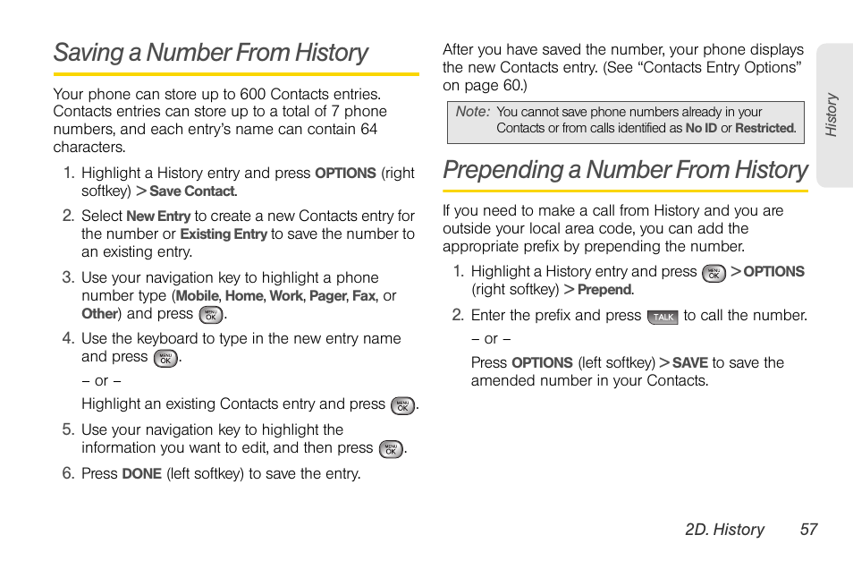Saving a number from history, Prepending a number from history | LG LGLX610 User Manual | Page 69 / 164