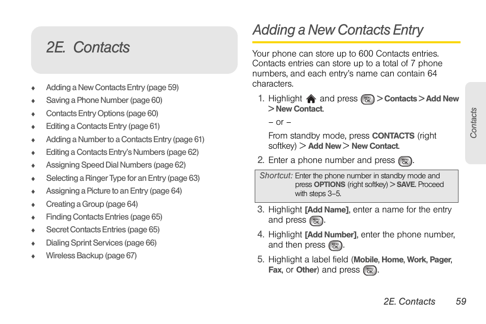 2e. contacts, Adding a new contacts entry | LG LGLX610 User Manual | Page 71 / 164