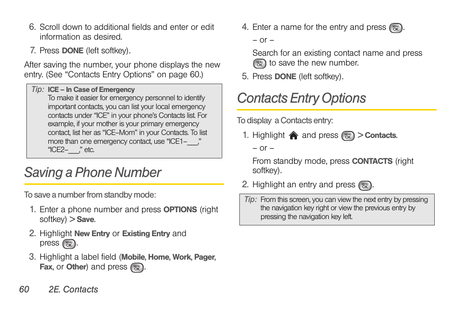 Saving a phone number, Contacts entry options | LG LGLX610 User Manual | Page 72 / 164