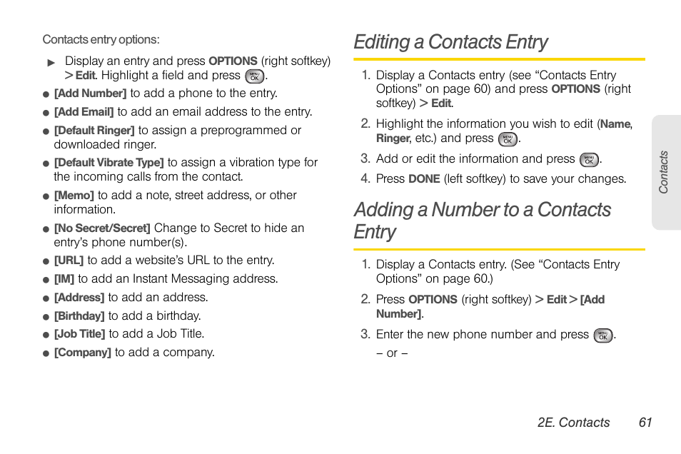 Editing a contacts entry, Adding a number to a contacts entry | LG LGLX610 User Manual | Page 73 / 164