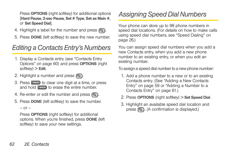 Editing a contacts entry’s numbers, Assigning speed dial numbers | LG LGLX610 User Manual | Page 74 / 164