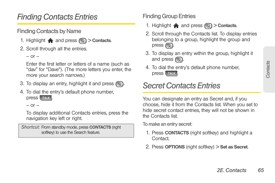 Finding contacts entries, Secret contacts entries | LG LGLX610 User Manual | Page 77 / 164