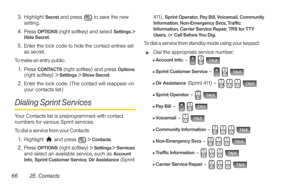 Dialing sprint services | LG LGLX610 User Manual | Page 78 / 164