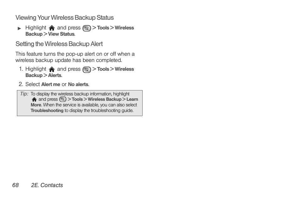 Viewing your wireless backup status, Setting the wireless backup alert | LG LGLX610 User Manual | Page 80 / 164