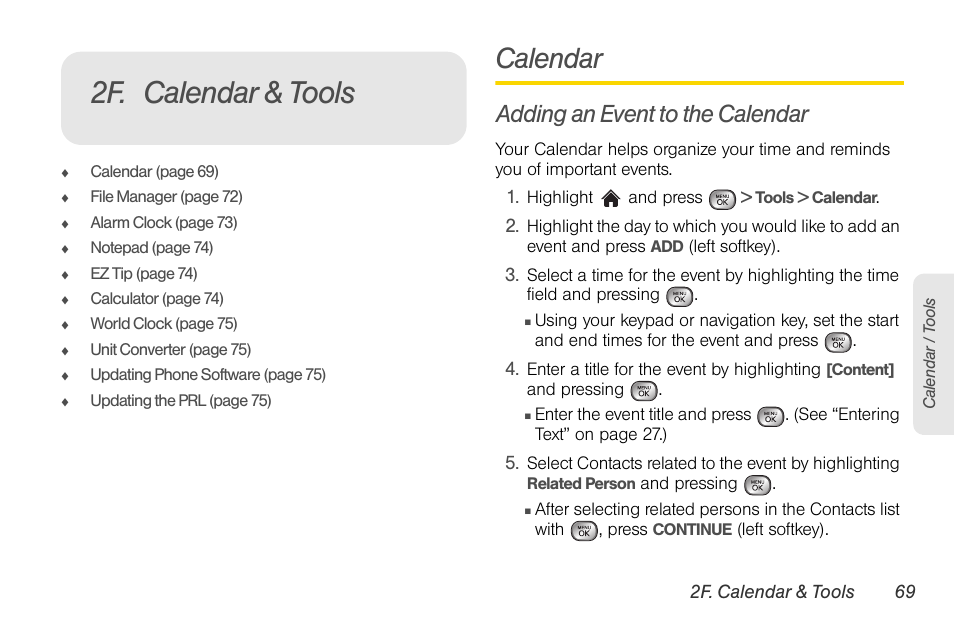 2f. calendar & tools, Calendar, Adding an event to the calendar | LG LGLX610 User Manual | Page 81 / 164