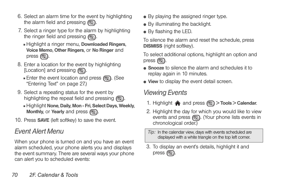 Event alert menu, Viewing events | LG LGLX610 User Manual | Page 82 / 164