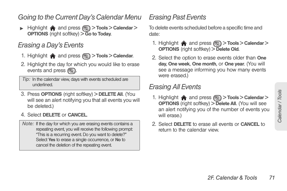 Going to the current day’s calendar menu, Erasing a day’s events, Erasing past events | Erasing all events | LG LGLX610 User Manual | Page 83 / 164