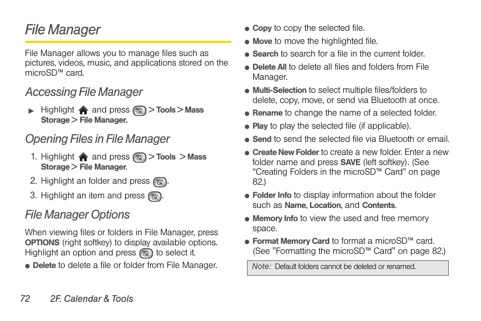 File manager, Accessing file manager, Opening files in file manager | File manager options | LG LGLX610 User Manual | Page 84 / 164