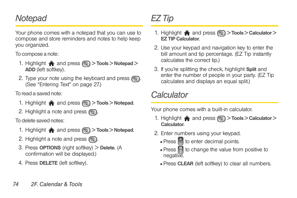 Notepad, Ez tip, Calculator | Ez tips | LG LGLX610 User Manual | Page 86 / 164