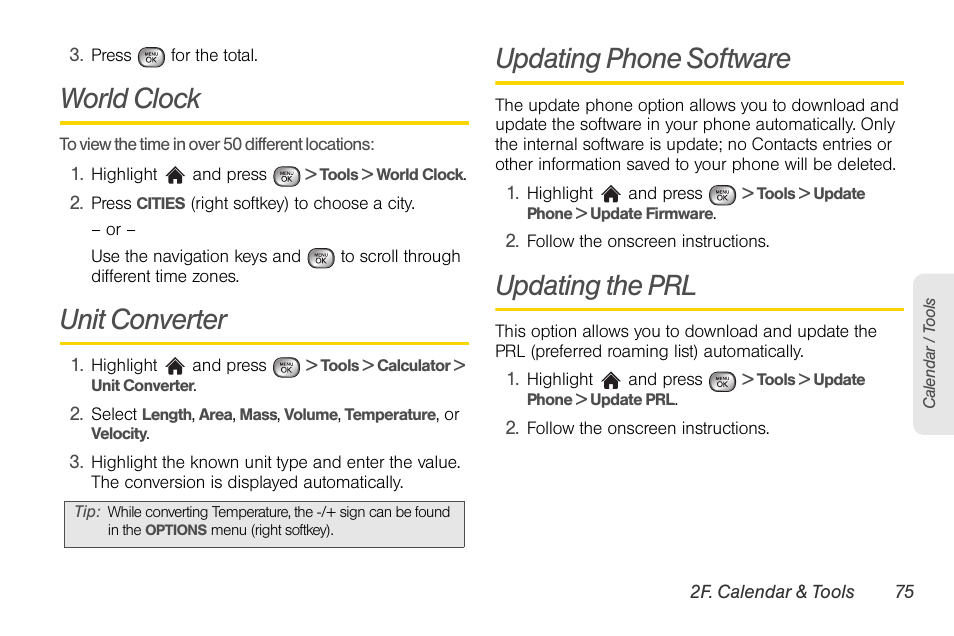 World clock, Unit converter, Updating phone software | Updating the prl | LG LGLX610 User Manual | Page 87 / 164