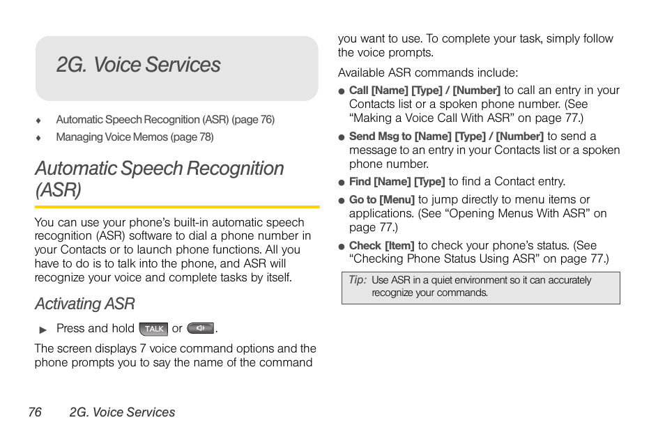 2g. voice services, Automatic speech recognition (asr), Activating asr | LG LGLX610 User Manual | Page 88 / 164