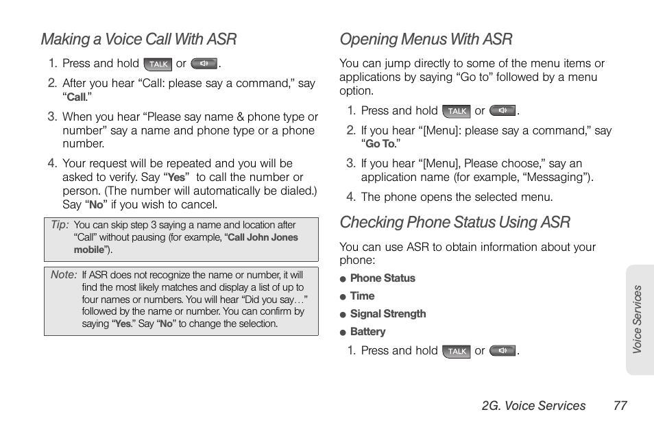 Making a voice call with asr, Opening menus with asr, Checking phone status using asr | LG LGLX610 User Manual | Page 89 / 164