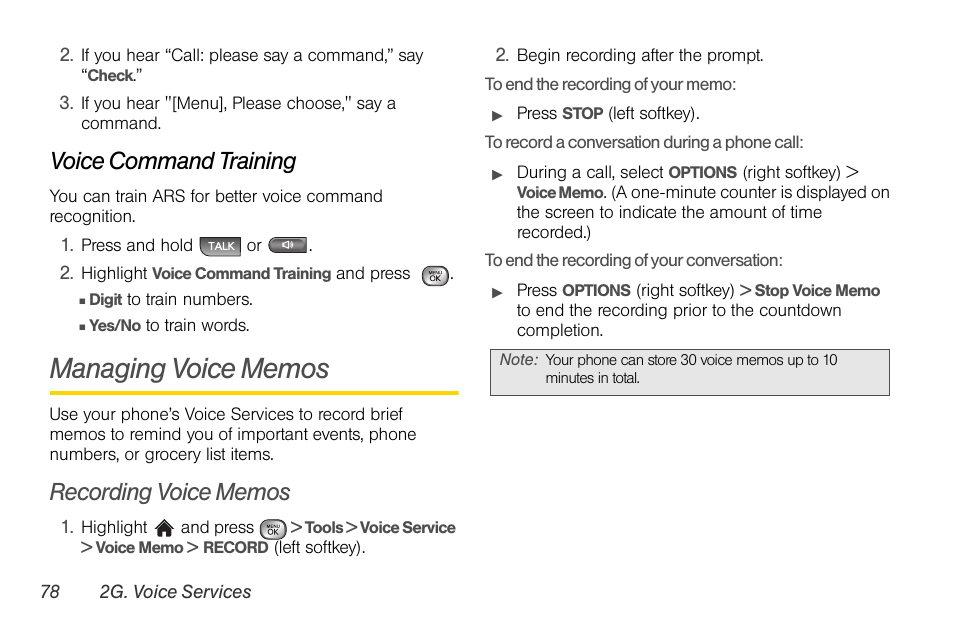 Voice command training, Managing voice memos, Recording voice memos | LG LGLX610 User Manual | Page 90 / 164