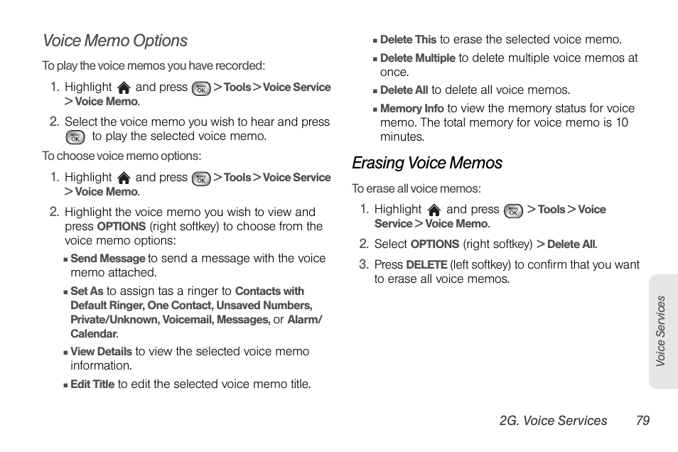 Voice memo options, Erasing voice memos | LG LGLX610 User Manual | Page 91 / 164