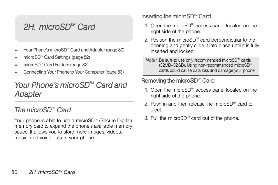 2h. microsdtm card, Your phone’s microsdtm card and adapter, The microsdtm card | 2h. microsd™ card, 2h. microsd, Your phone’s microsd, Card and adapter, The microsd, Card, Inserting the microsd | LG LGLX610 User Manual | Page 92 / 164