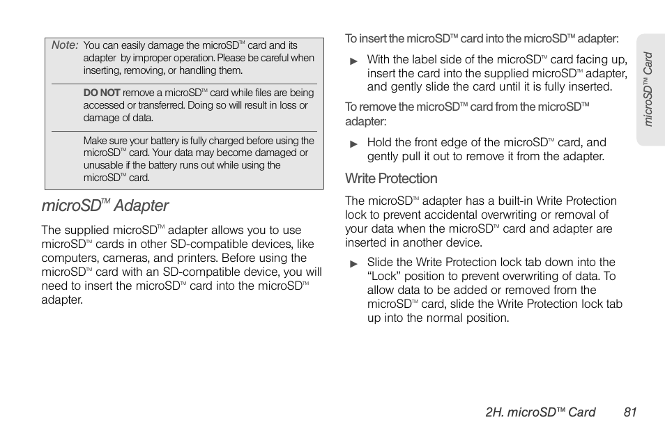 Microsdtm adapter, Microsd, Adapter | Write protection | LG LGLX610 User Manual | Page 93 / 164