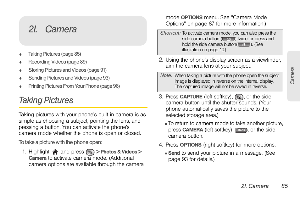 2i. camera, Taking pictures, Camera | LG LGLX610 User Manual | Page 97 / 164