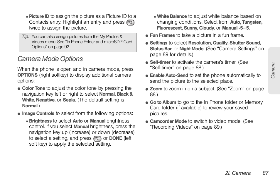 Camera mode options | LG LGLX610 User Manual | Page 99 / 164