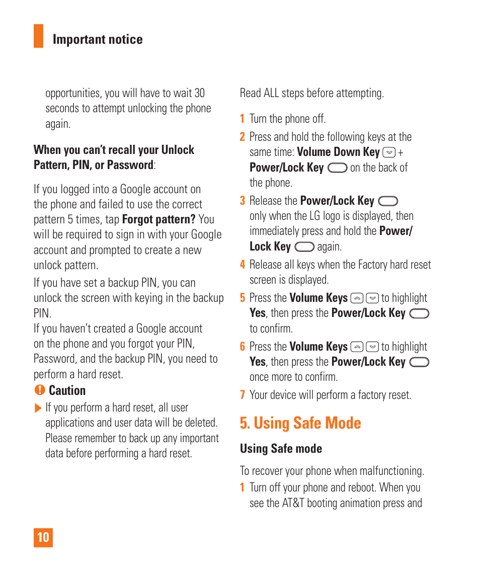 Using safe mode | LG D800 User Manual | Page 10 / 133