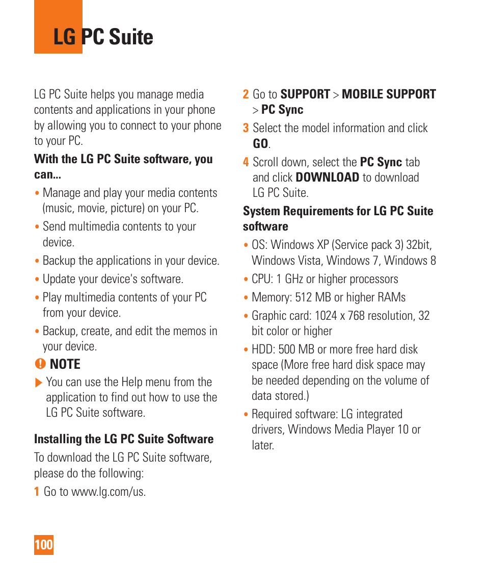 Lg pc suite | LG D800 User Manual | Page 100 / 133