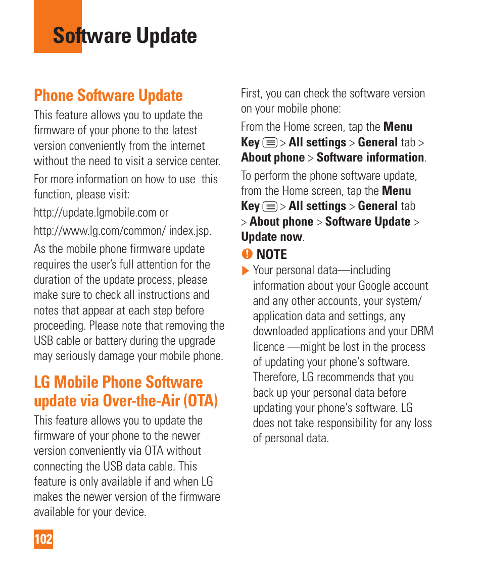 Software update, Phone software update | LG D800 User Manual | Page 102 / 133