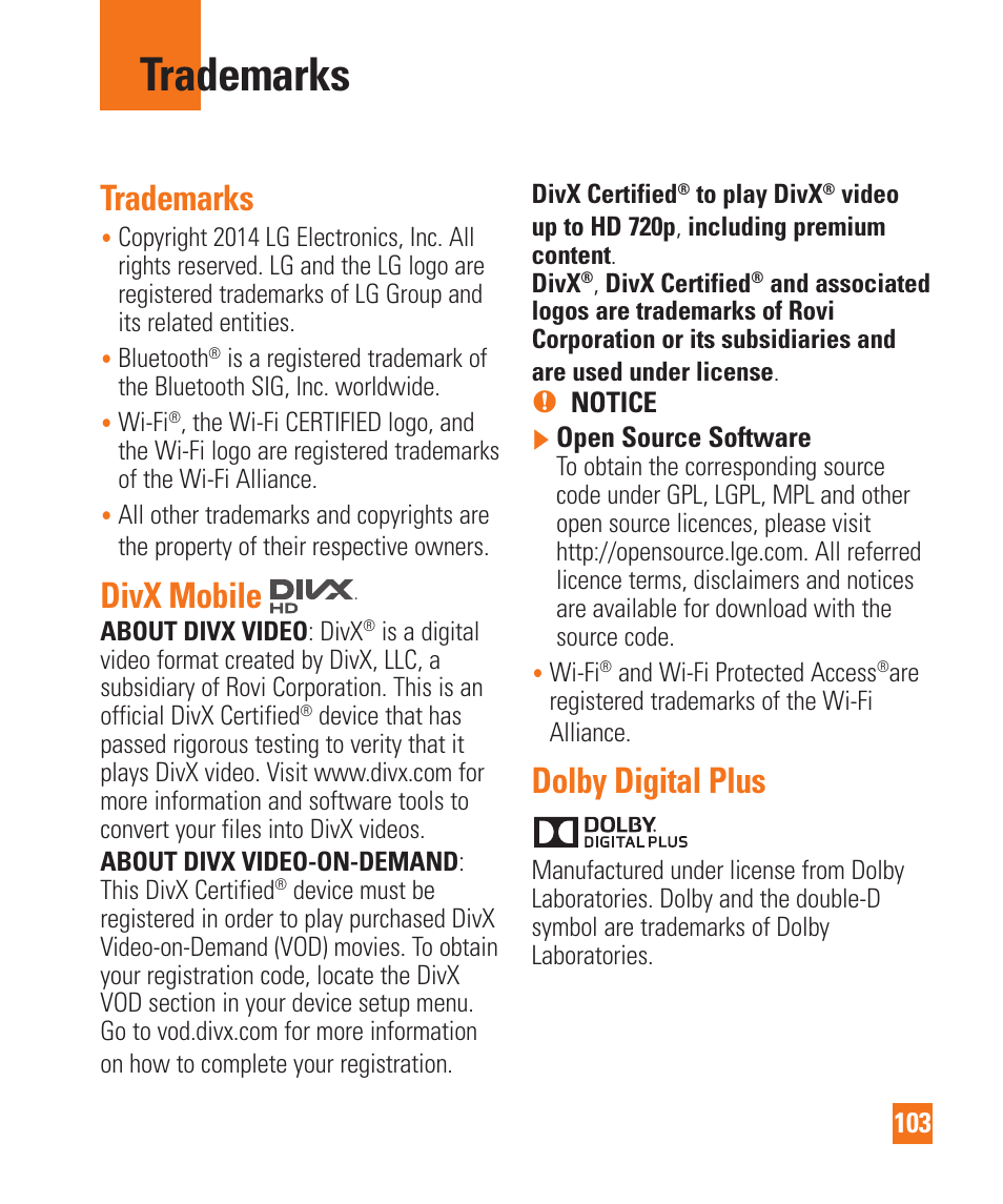 Trademarks, Divx mobile, Dolby digital plus | LG D800 User Manual | Page 103 / 133