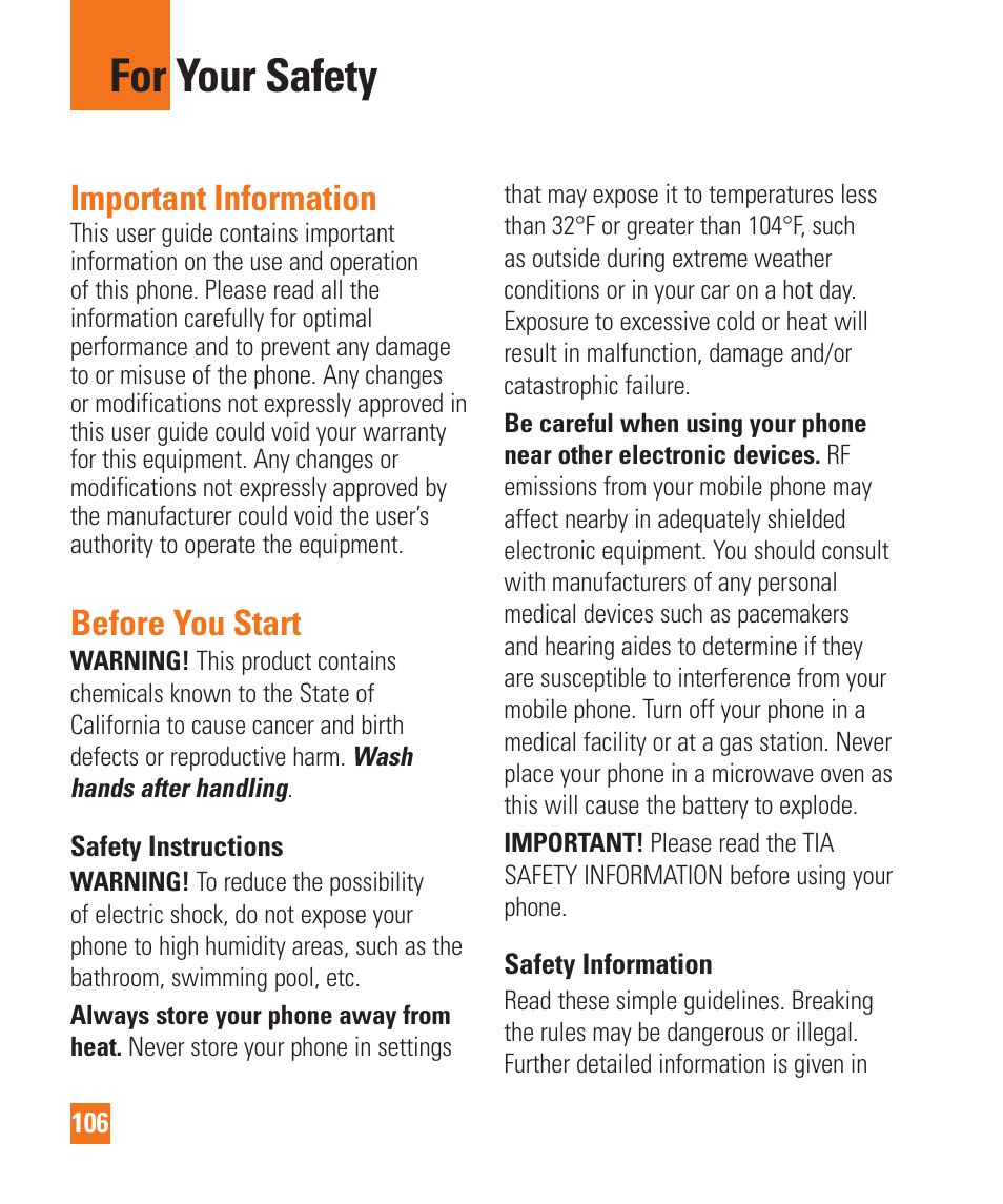 For your safety, Important information, Before you start | LG D800 User Manual | Page 106 / 133