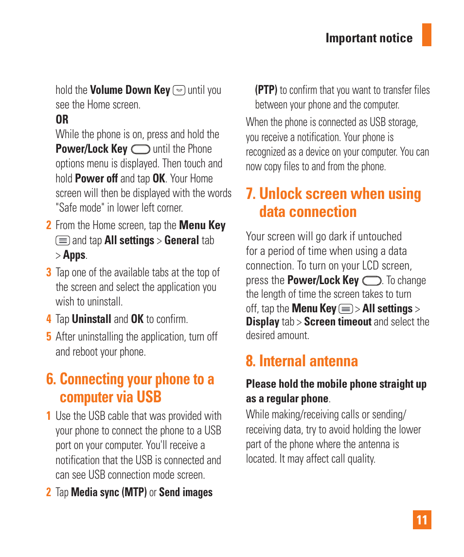 Connecting your phone to a computer via usb, Unlock screen when using data connection, Internal antenna | LG D800 User Manual | Page 11 / 133