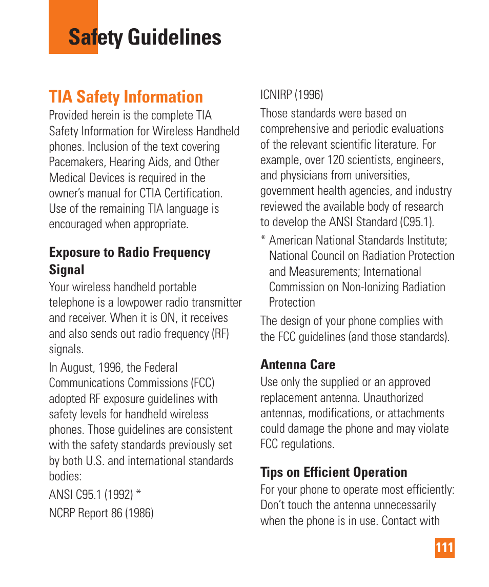 Safety guidelines, Tia safety information | LG D800 User Manual | Page 111 / 133