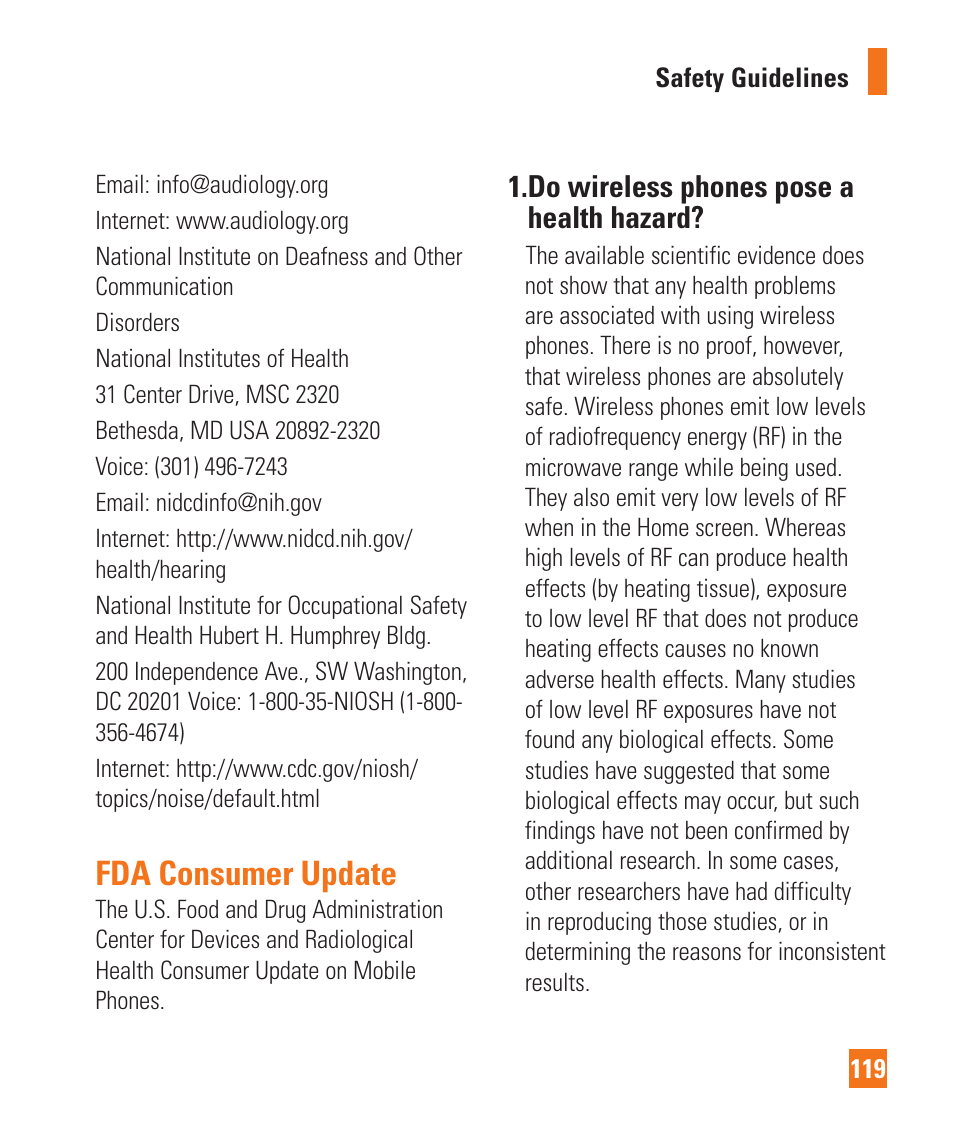 Fda consumer update, Do wireless phones pose a health hazard | LG D800 User Manual | Page 119 / 133