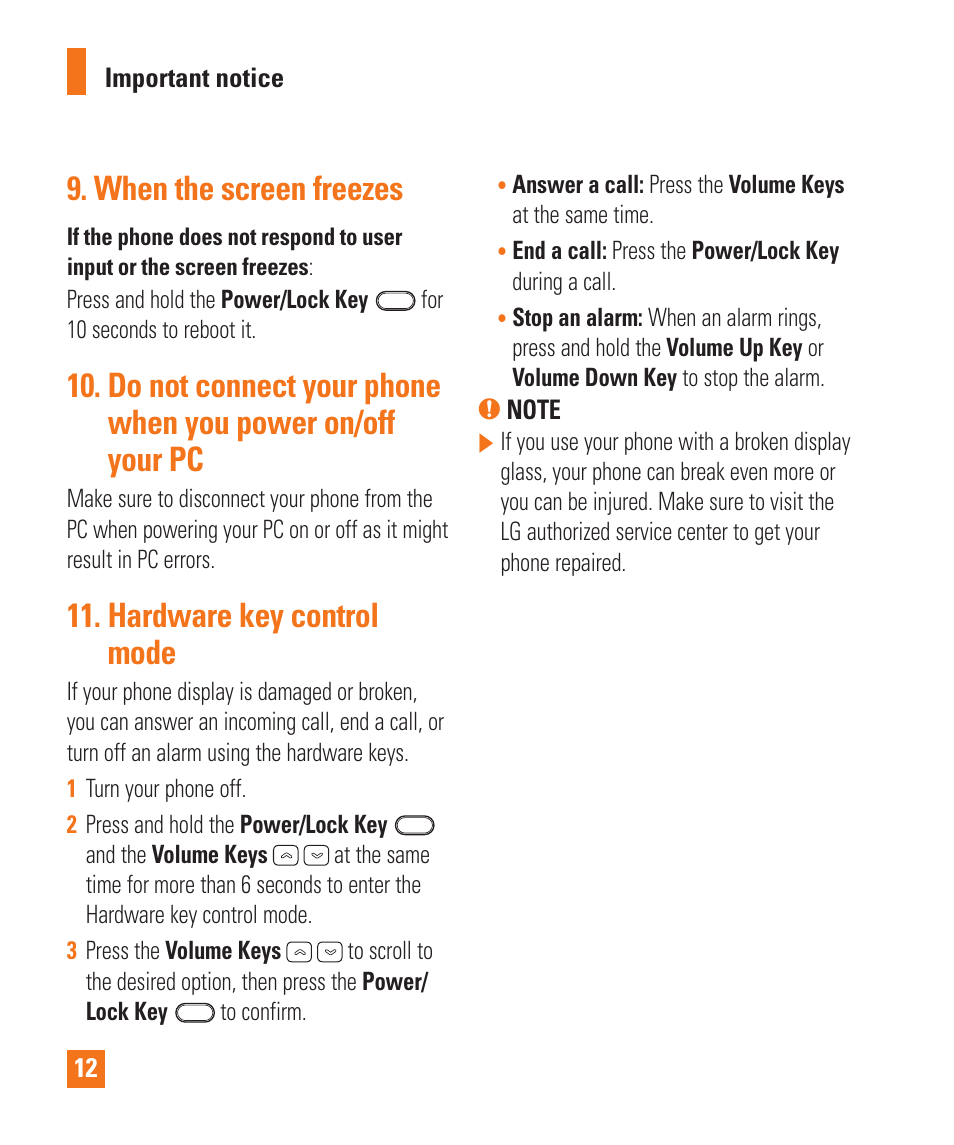When the screen freezes, Hardware key control mode | LG D800 User Manual | Page 12 / 133