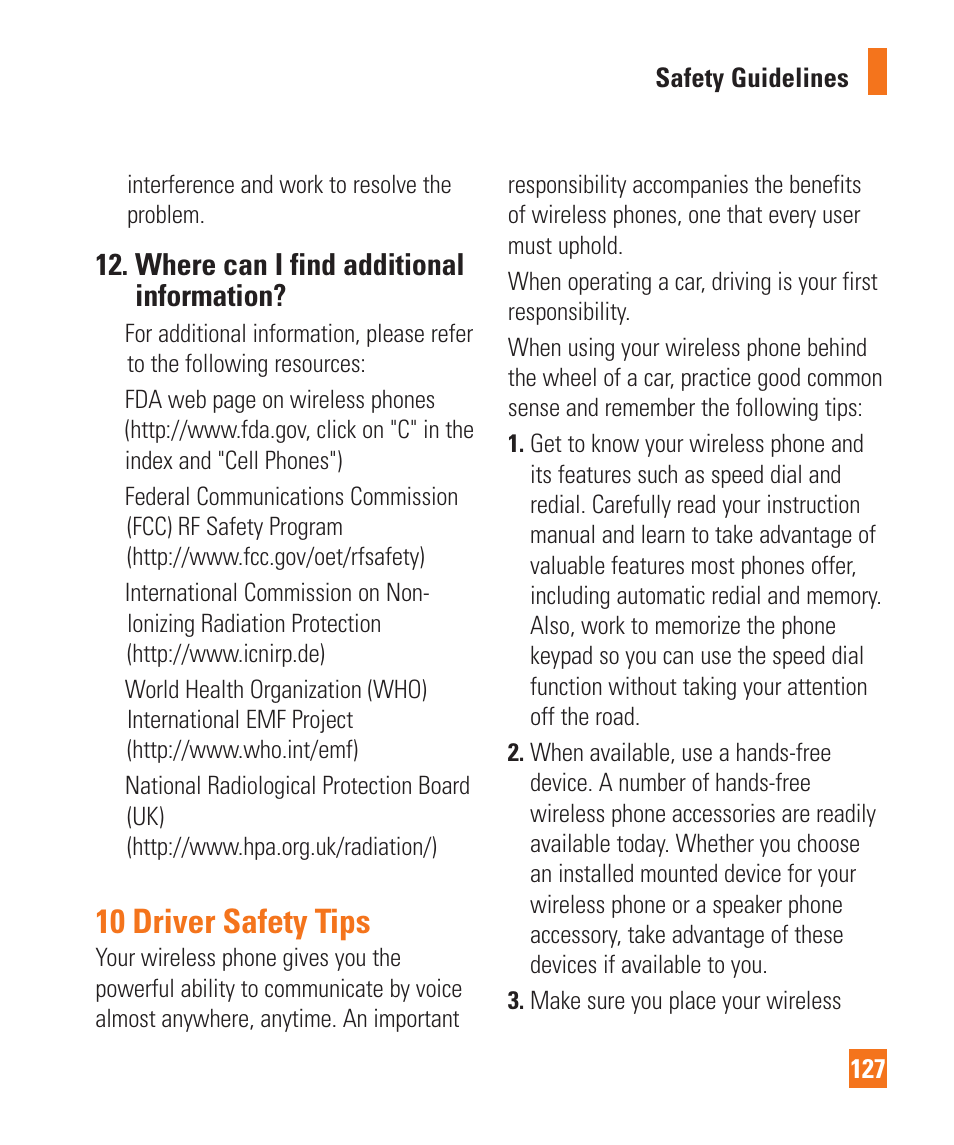 10 driver safety tips, Where can i find additional information | LG D800 User Manual | Page 127 / 133