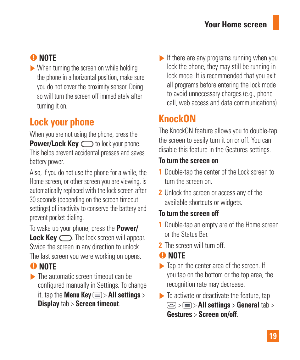 Lock your phone, Knockon, Lock your phone knockon | LG D800 User Manual | Page 19 / 133