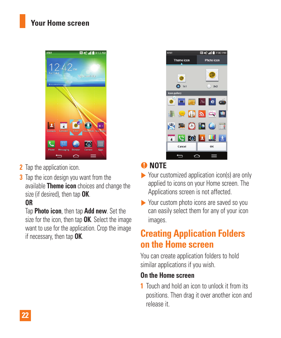 Creating application folders on the home screen | LG D800 User Manual | Page 22 / 133