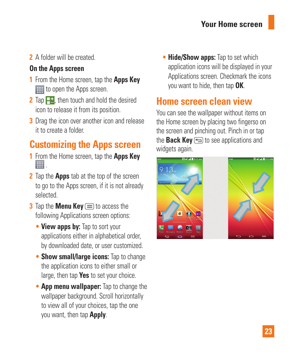 Customizing the apps screen, Home screen clean view, Customizing the apps screen home screen clean view | LG D800 User Manual | Page 23 / 133