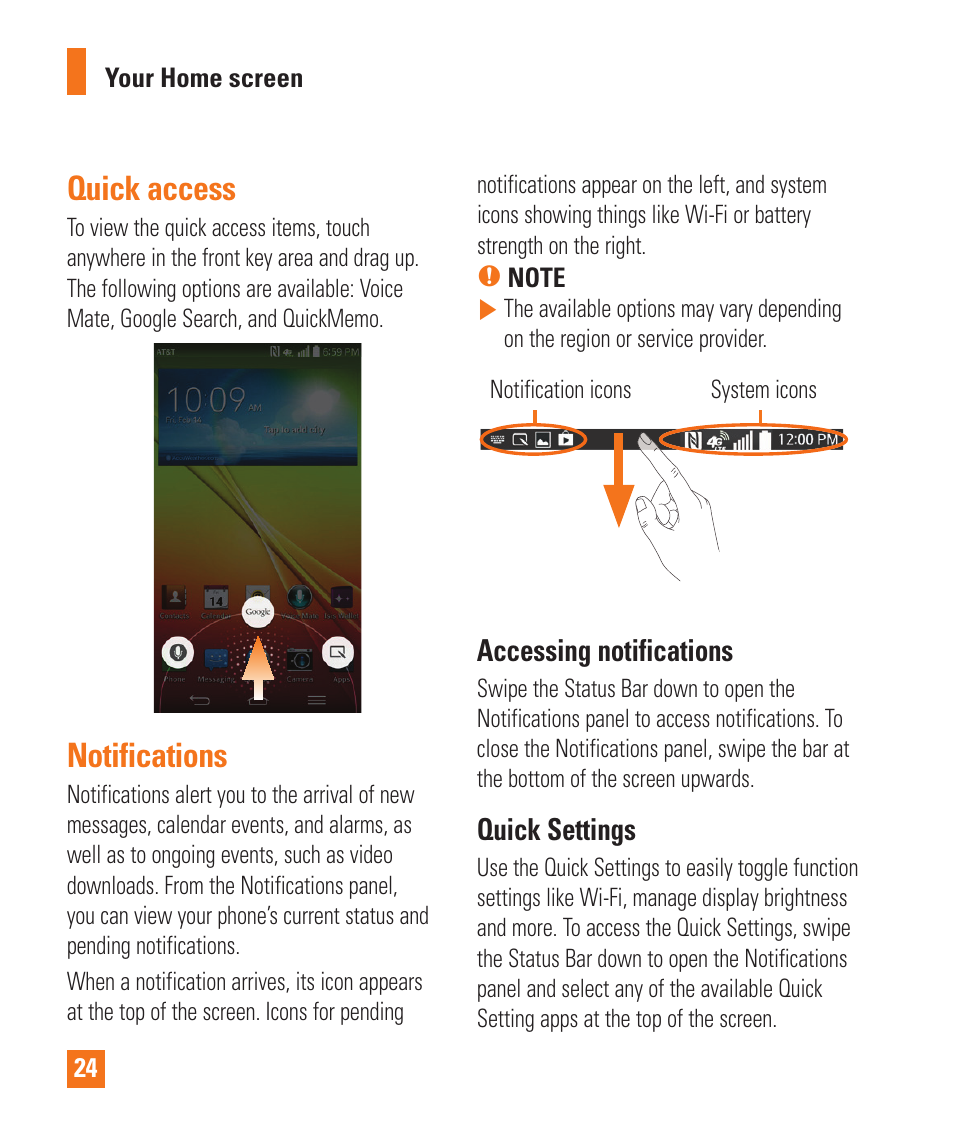 Quick access, Notifications, Quick access notiﬁcations | Accessing notifications, Quick settings | LG D800 User Manual | Page 24 / 133