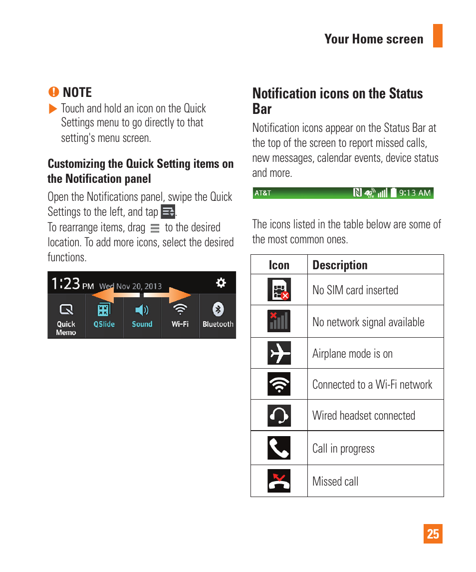 Notification icons on the status bar | LG D800 User Manual | Page 25 / 133