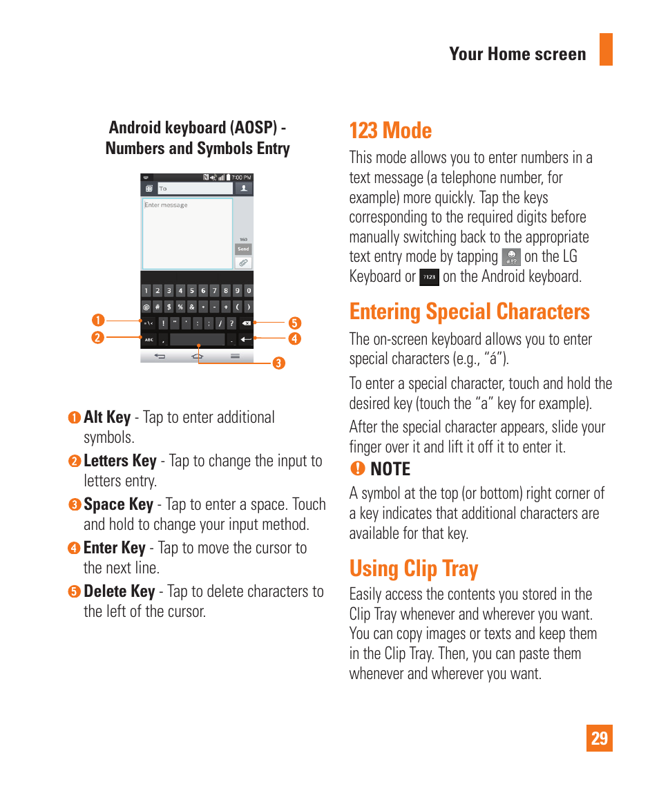 123 mode, Entering special characters, Using clip tray | LG D800 User Manual | Page 29 / 133