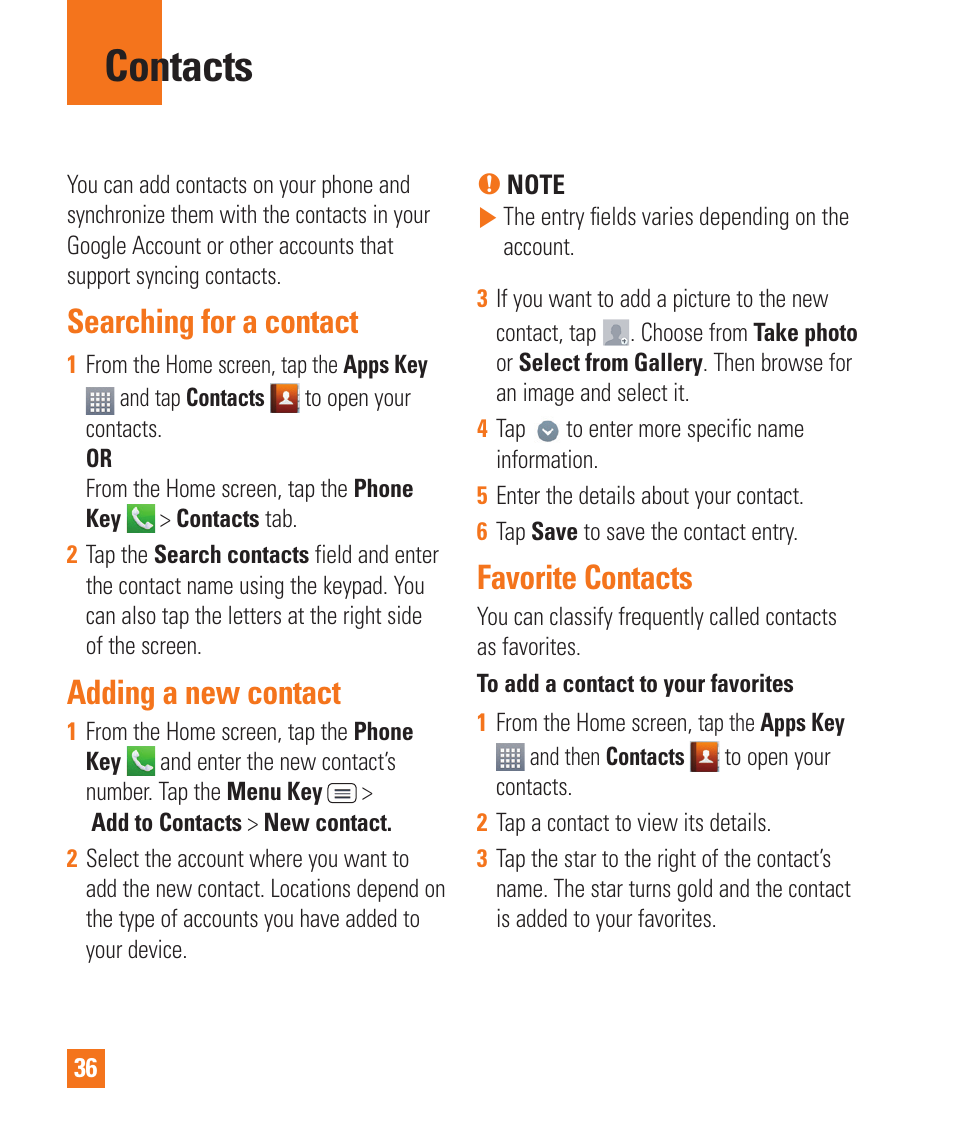 Contacts, Searching for a contact, Adding a new contact | Favorite contacts | LG D800 User Manual | Page 36 / 133