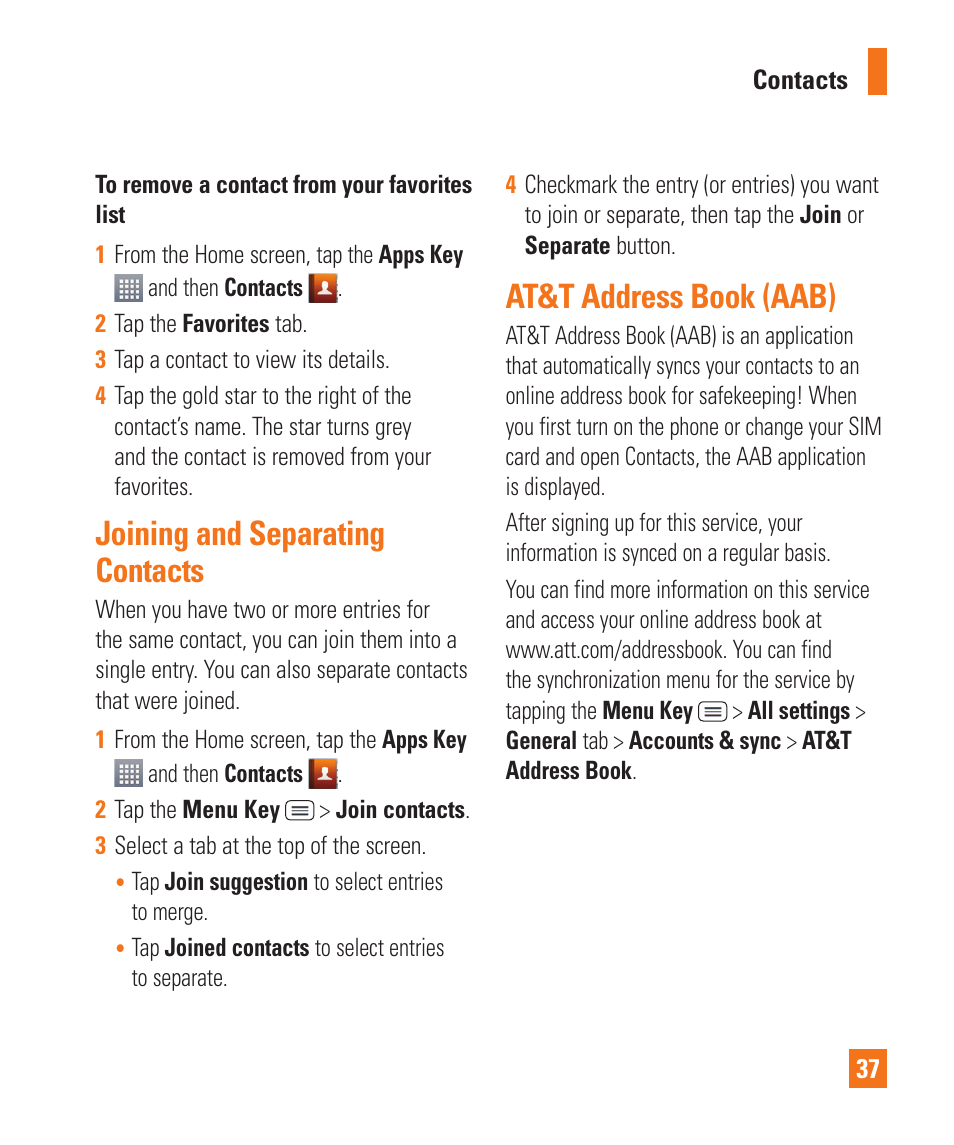 Joining and separating contacts, At&t address book (aab) | LG D800 User Manual | Page 37 / 133