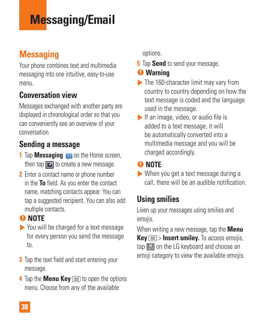 Messaging/email, Messaging, Messaging/email messaging | Conversation view, Sending a message, Using smilies | LG D800 User Manual | Page 38 / 133