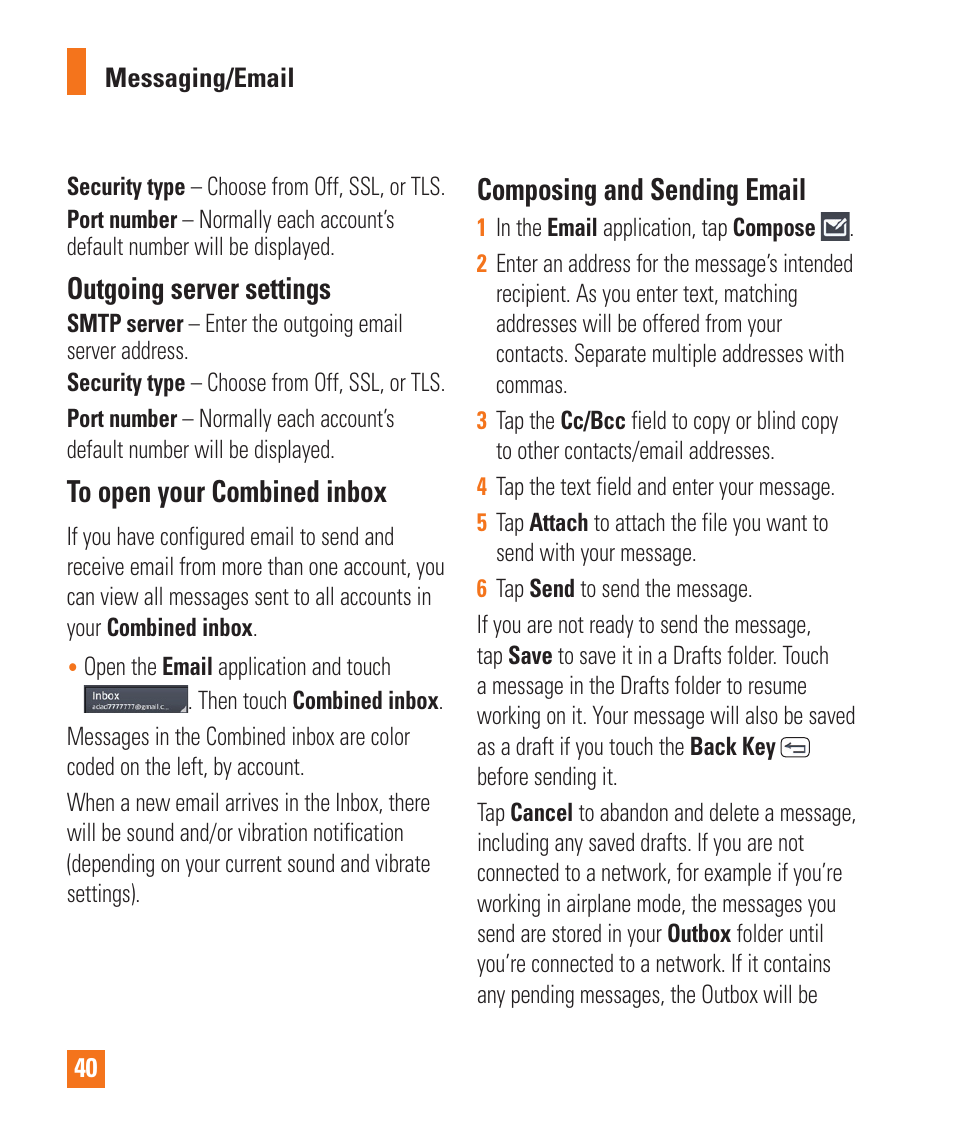 Outgoing server settings, Composing and sending email | LG D800 User Manual | Page 40 / 133