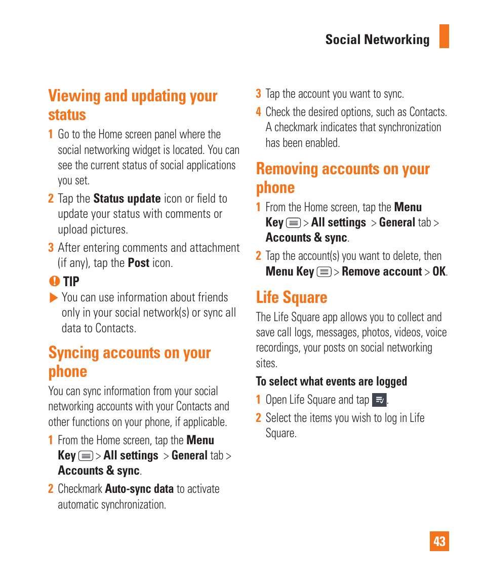 Viewing and updating your status, Syncing accounts on your phone, Removing accounts on your phone | Life square | LG D800 User Manual | Page 43 / 133