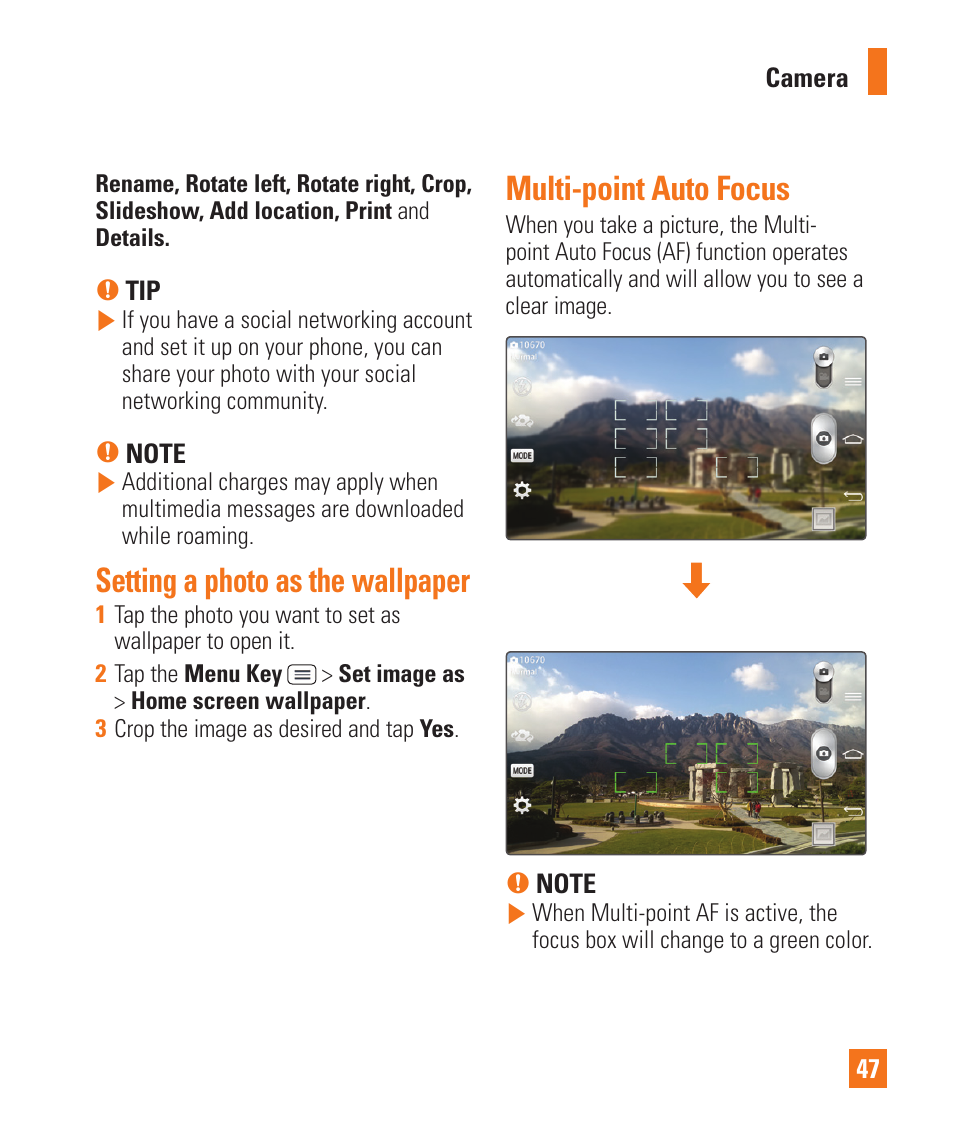 Setting a photo as the wallpaper, Multi-point auto focus | LG D800 User Manual | Page 47 / 133
