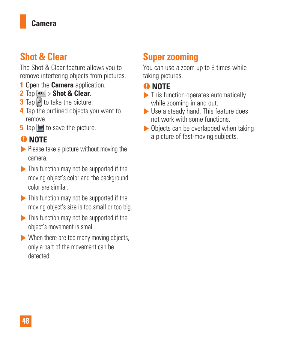 Shot & clear, Super zooming, Shot & clear super zooming | LG D800 User Manual | Page 48 / 133