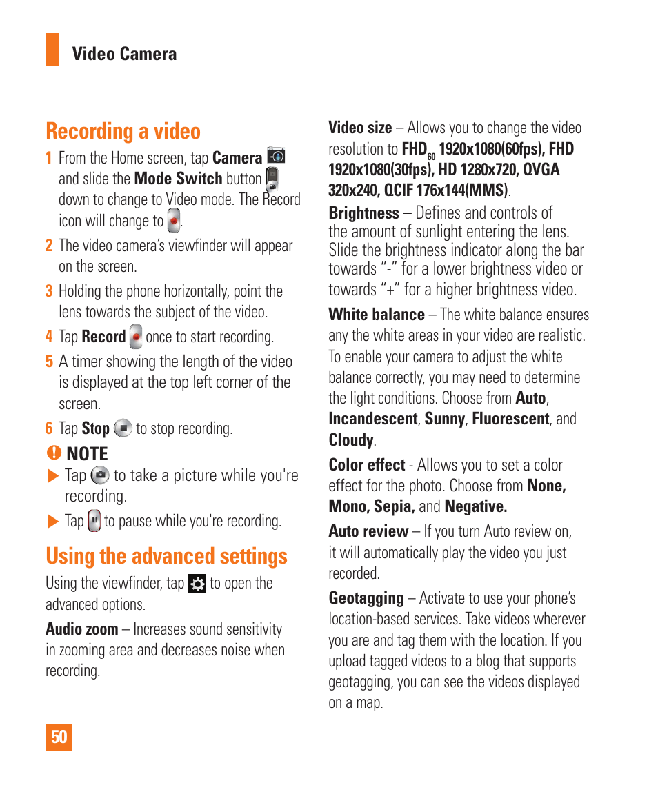 Recording a video, Using the advanced settings | LG D800 User Manual | Page 50 / 133