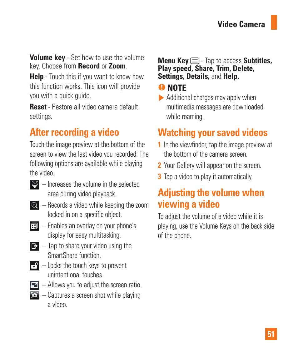 After recording a video, Watching your saved videos, Adjusting the volume when viewing a video | LG D800 User Manual | Page 51 / 133