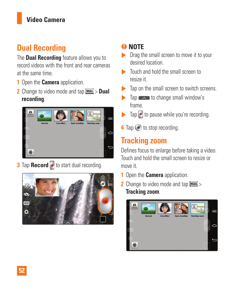 Dual recording, Tracking zoom, Dual recording tracking zoom | LG D800 User Manual | Page 52 / 133